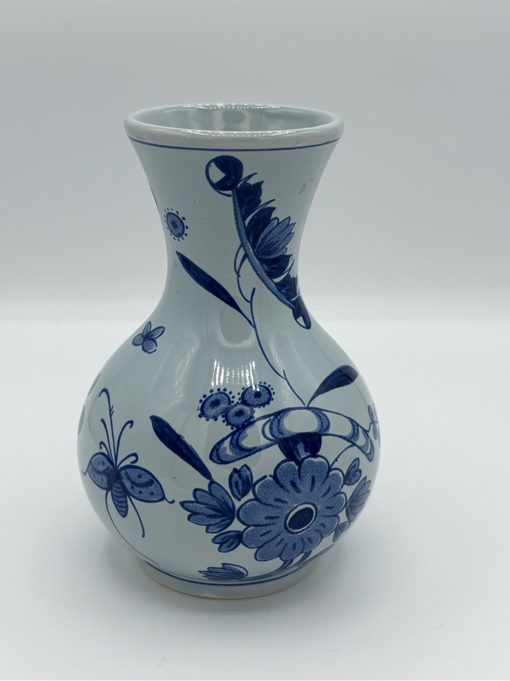Vintage Delft Style Blue & White Floral Butterfly Ceramic Bud Vase 5”